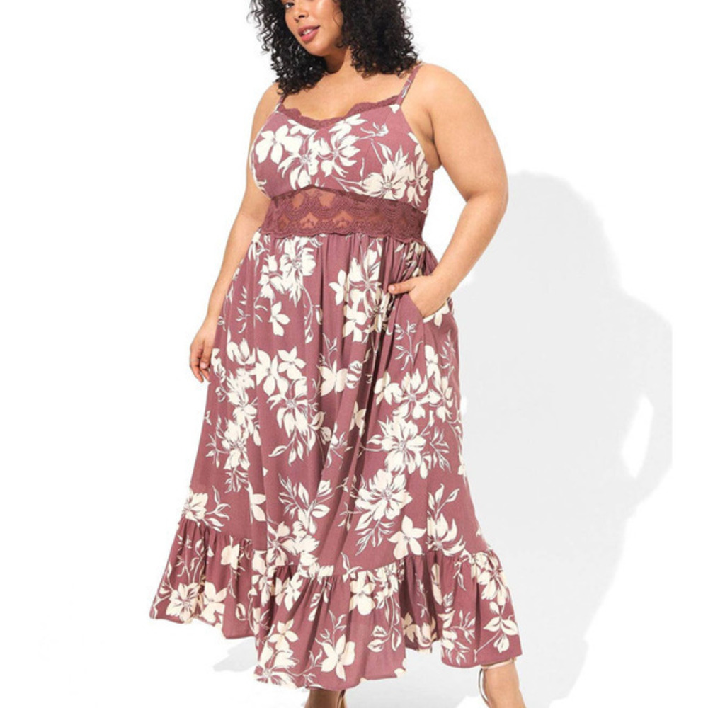 New Torrid 2 (2X 18/20) Emma Floral Mauve Lace Inset Gauze Maxi Sun Tank Dress